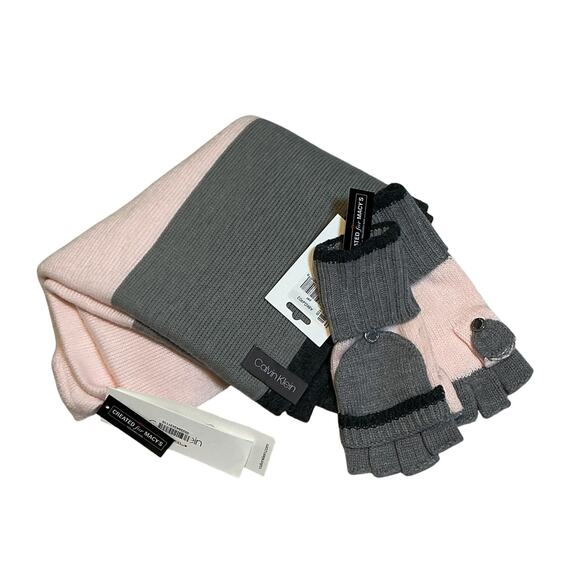 Calvin Klein Pink/Grey Flip-Top Glove Mittens and Infinity Scarf Gift Set NWT - Picture 1 of 9
